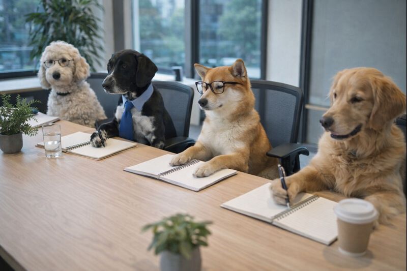 Dogs working together in a meeting
