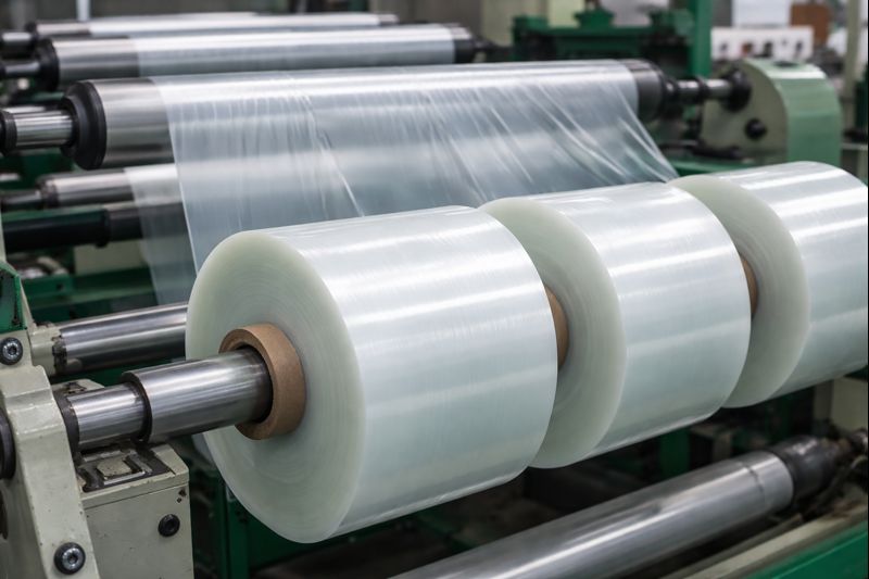 Compostable film being manufactured on rollers