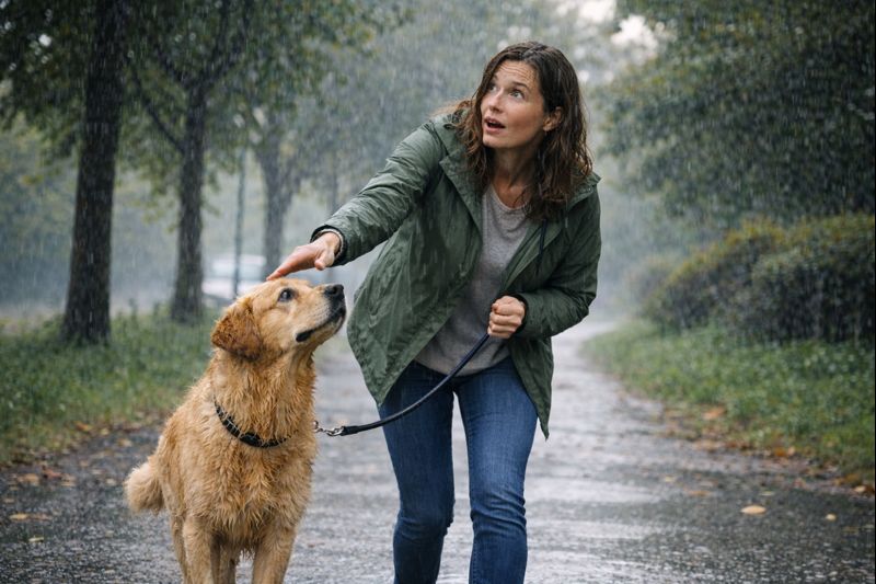 Owner shielding dog during sudden rain