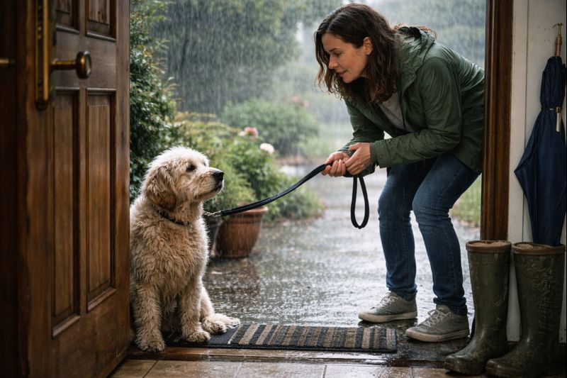 Dog refusing to go out in rain at doorway