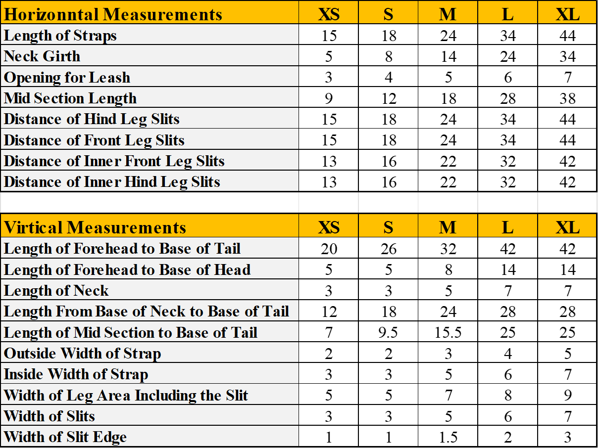 PAWNCHO™ Sizes Table