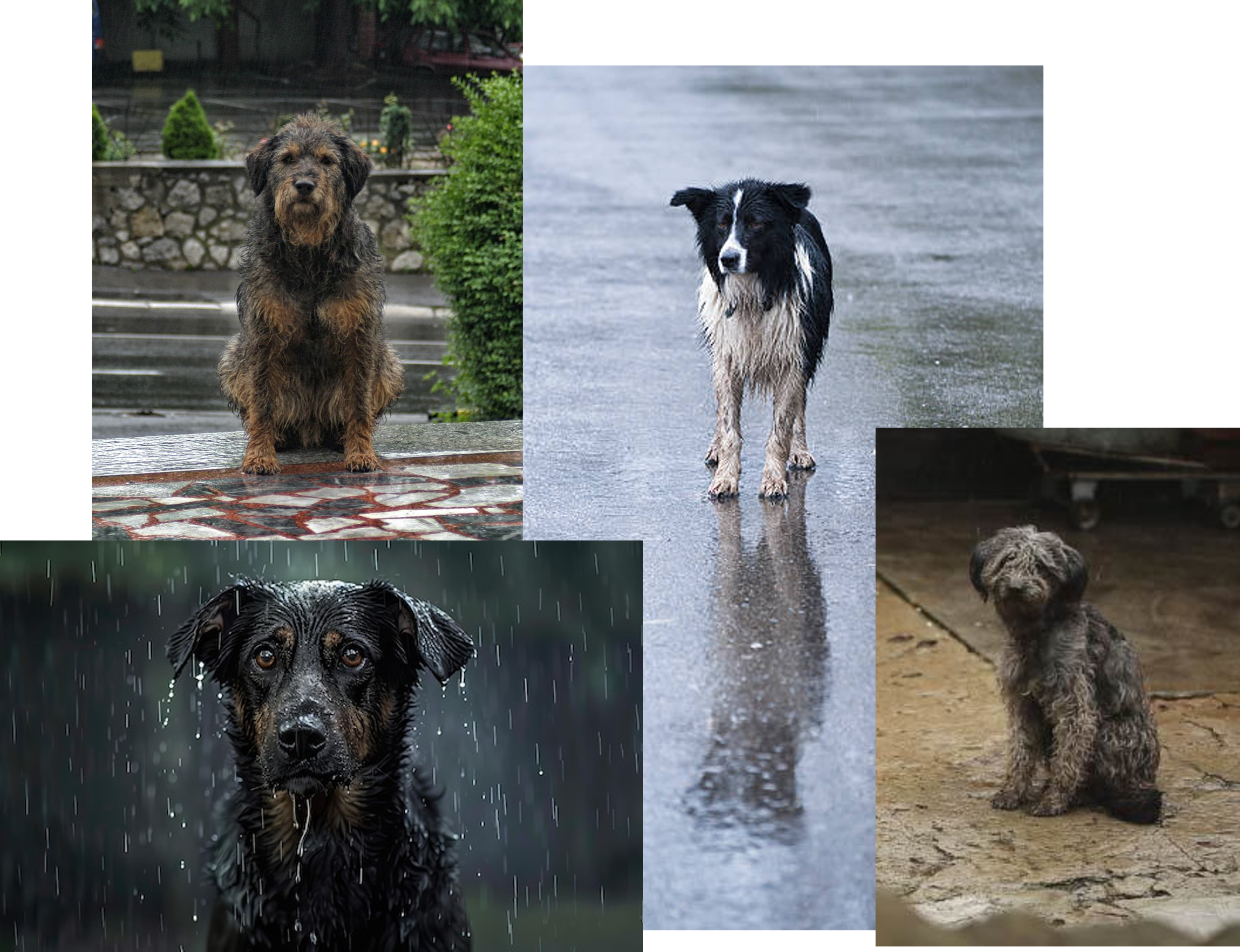 Dogs walking comfortably in heavy rain